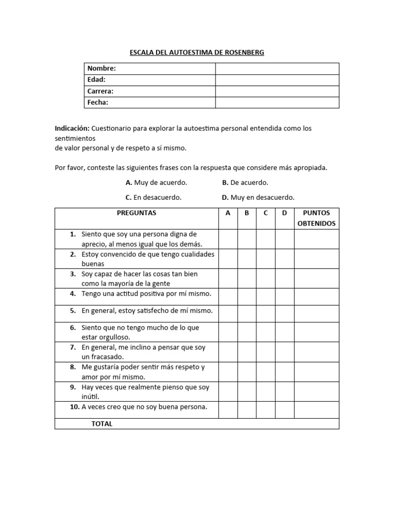 Cuestionario de Autoestima Rosenberg | PDF | Crecimiento personal y ...