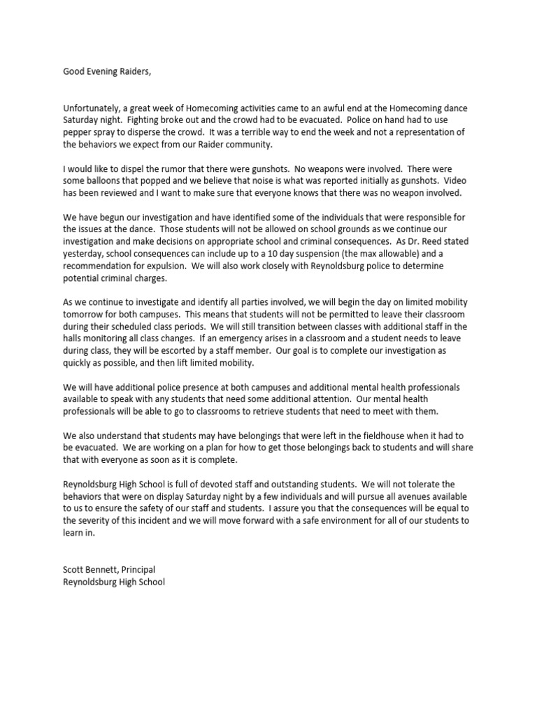 Reynoldsburg School Letter PDF