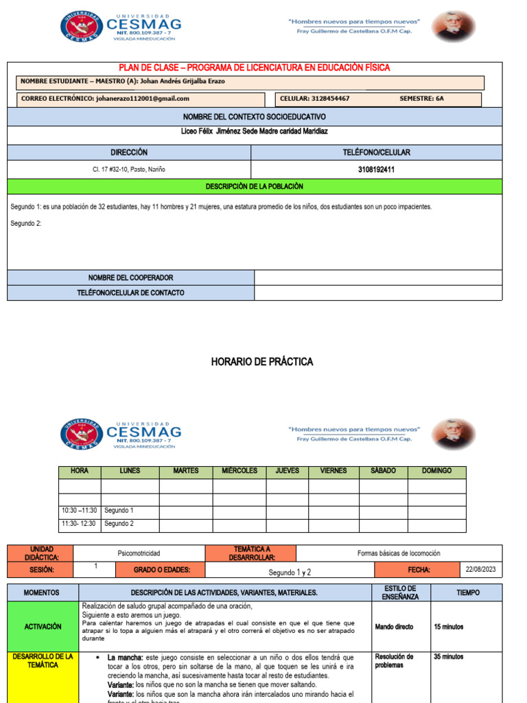 FORMATO PLAN DE CLASE SEGUNDO 1 Y 2 Lunes 26 | PDF | Aprendizaje