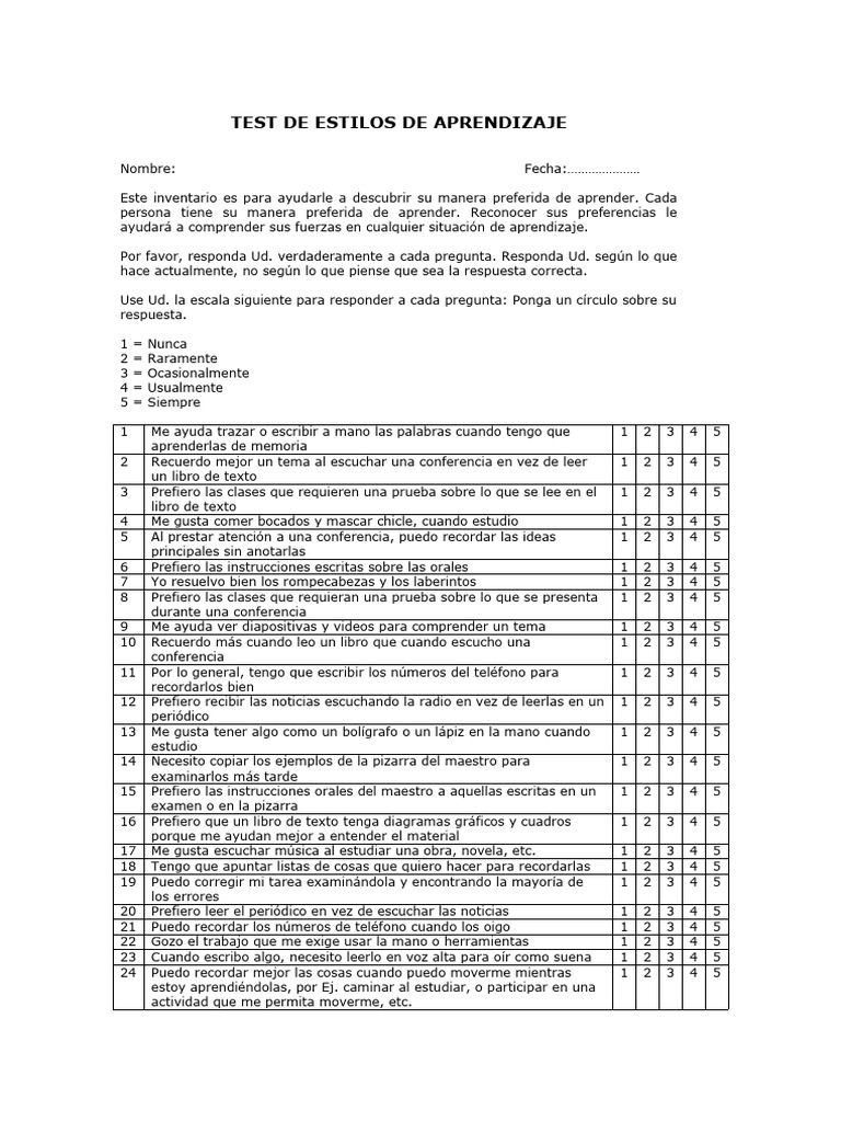 Test para Estilos de Aprendizaje 2 | Descargar gratis PDF | Aprendizaje
