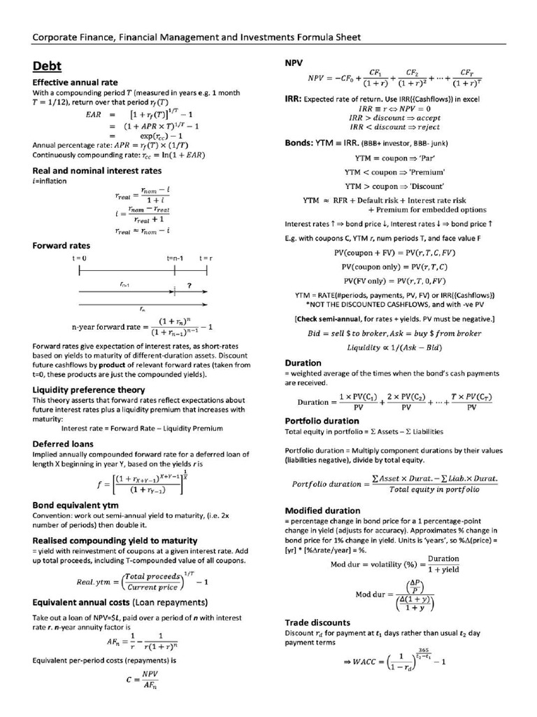 Corporate Finance Cheatsheet | PDF