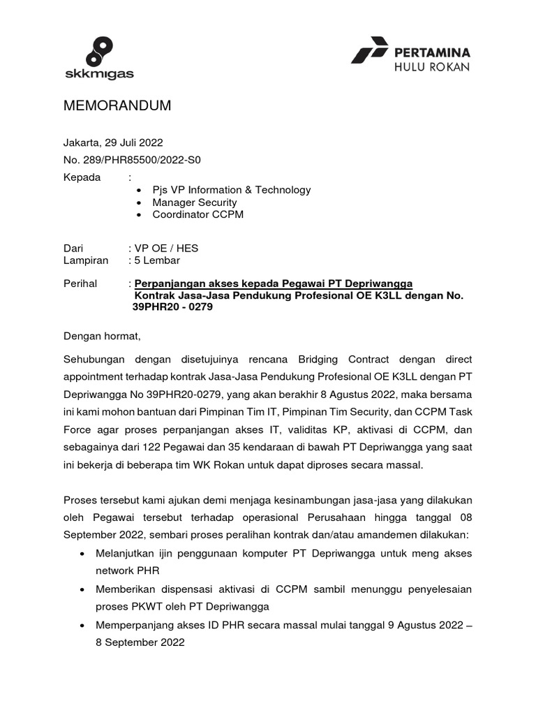 Memorandum - Exception-Perpanjangan Akses PT Depriwangga1 | PDF ...