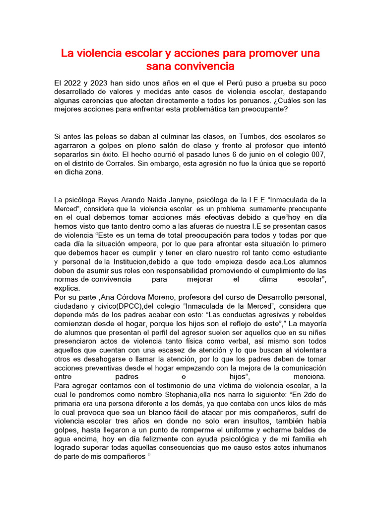 Acciones para Combatir la Violencia Escolar | PDF | Violencia | Sicología