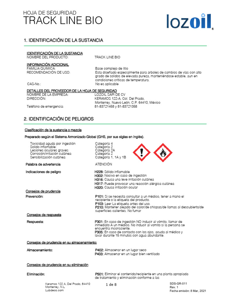 Hoja de Seguridad: Track Line Bio | PDF | Agua | Ventilación (Arquitectura)