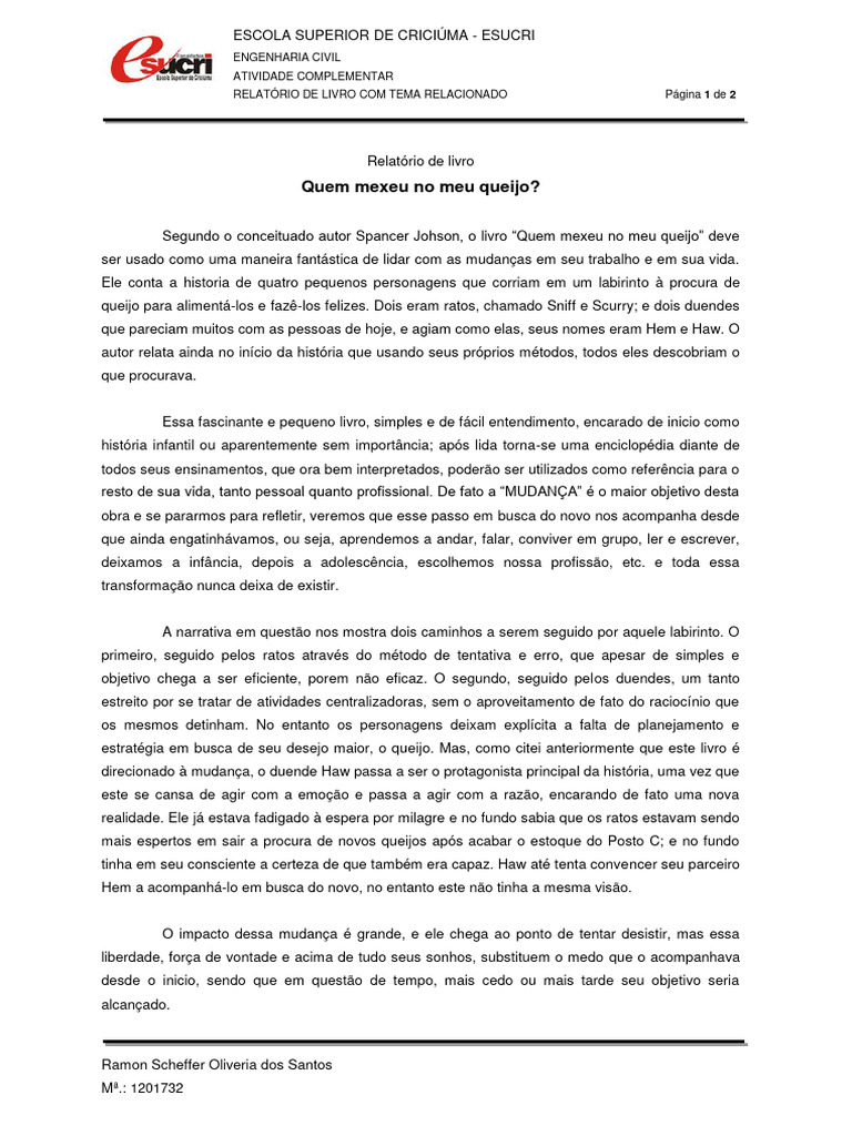 Relatório Livro - Quem Mexeu No Meu Queijo | PDF | Autoajuda