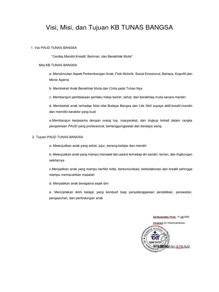Visi Misi KB Tunas Bangsa PDF