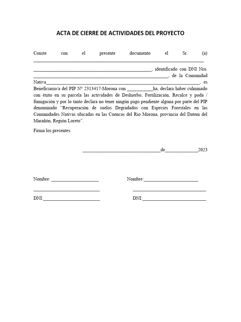 Acta de Cierre de Actividades Del Proyecto | PDF