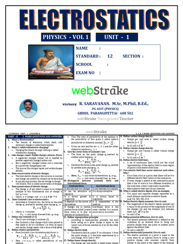 12th Physics Unit 1 Q&A Guide | PDF | Electric Field | Capacitance