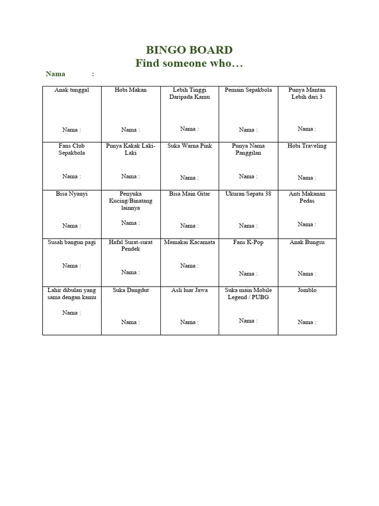 Bingo Board PDF