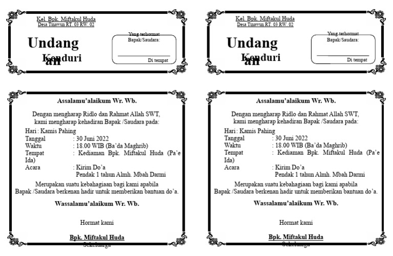 Undangan tahlil 1 lembar jadi 2 pdf