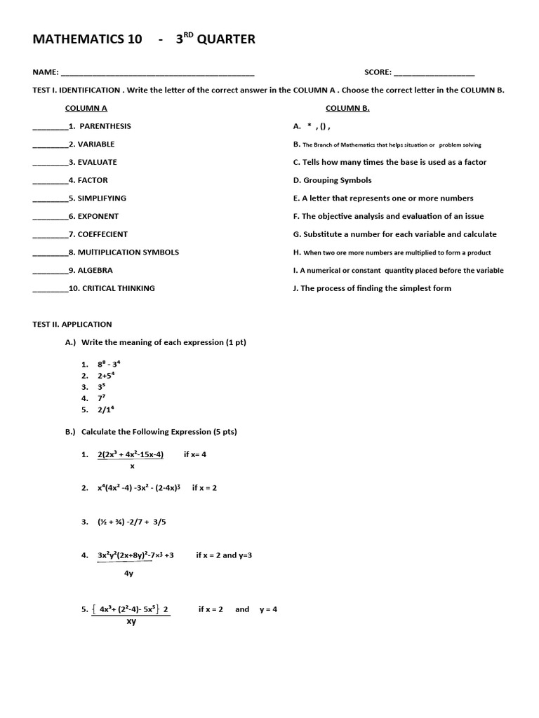 3rd Quarter Mathematics Exam | PDF