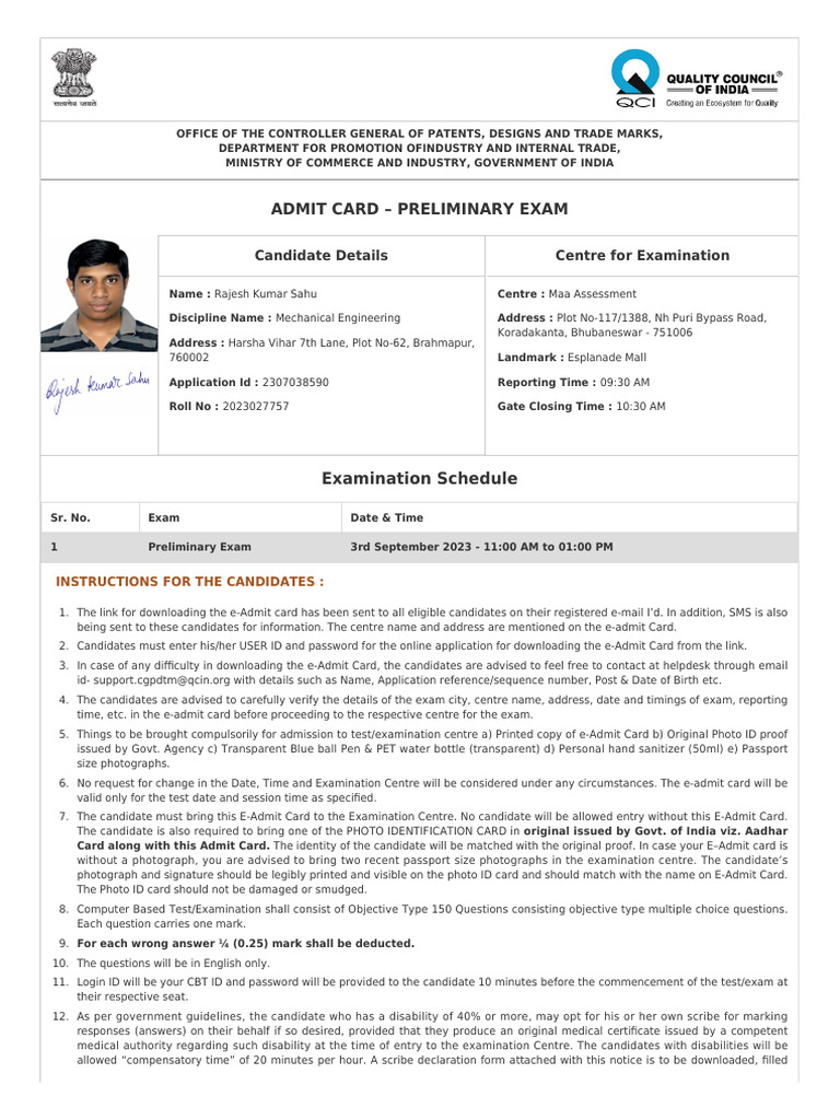 CGPDTM Admit Card for Bhubaneswar Exam | PDF | Identity Document