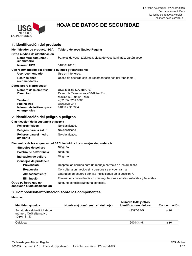 Usg Regular Core Gypsum Board Sds Mex Es 54000110001 PDF
