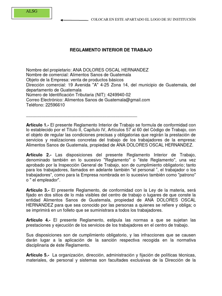 Reglamento Interior de Trabajo Guatemala | PDF | Salario | Seguridad y ...