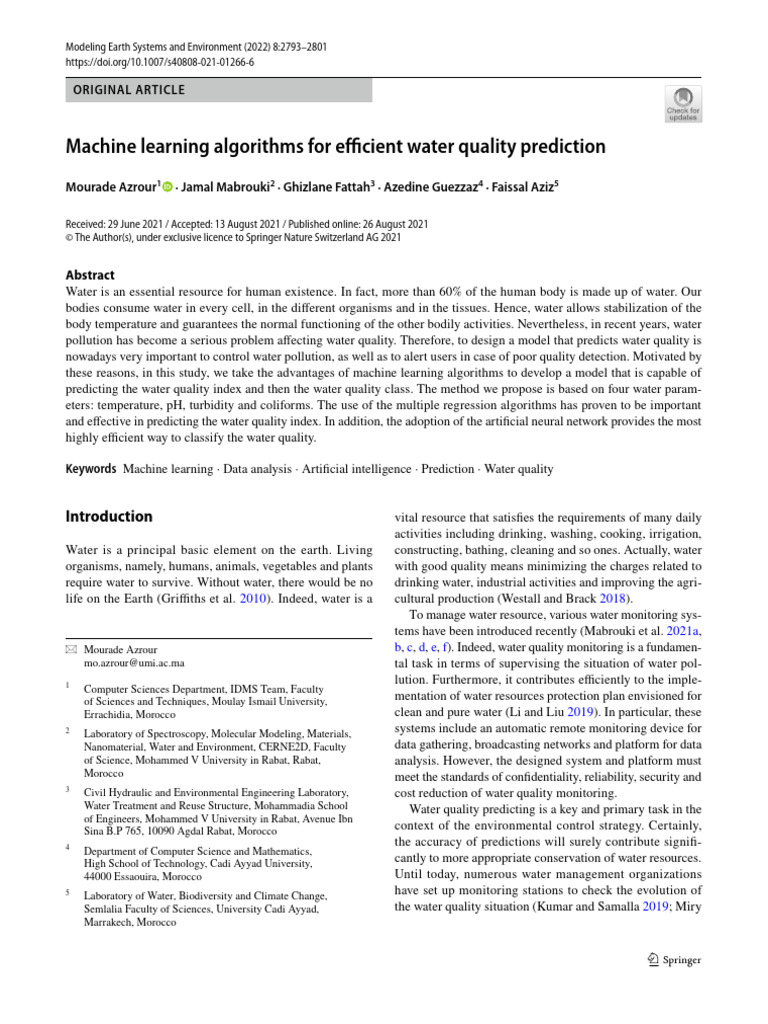 Machine Learning Algorithms For Efficient Water Quality Prediction | PDF