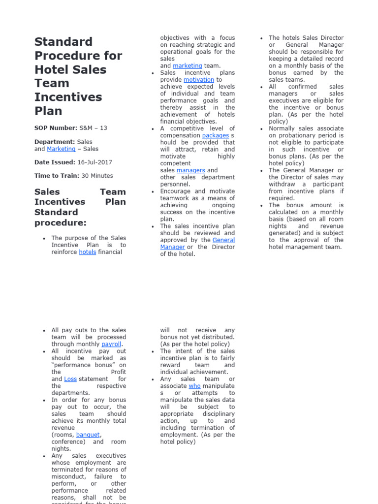 Standard Procedure For Hotel Sales Team Incentives Plan1 PDF