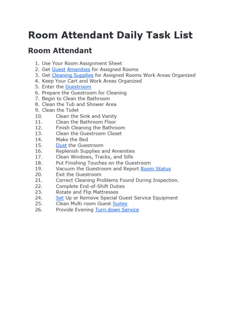 Room Attendant Daily Task List1 PDF