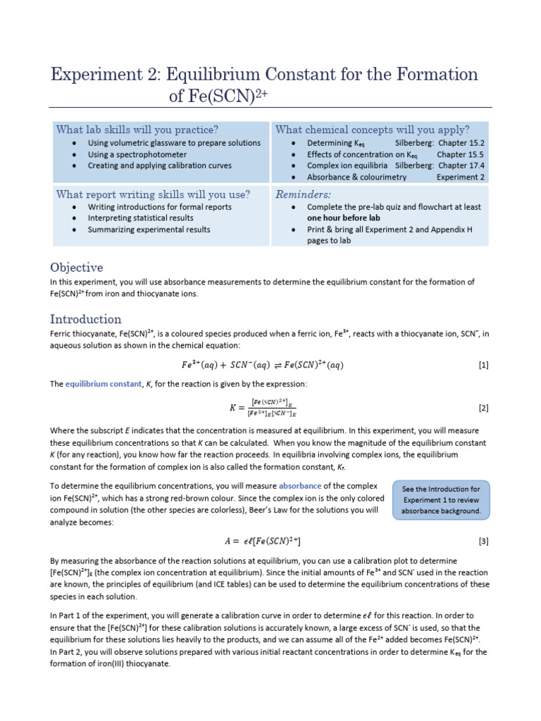 Equilibrium Constant of Fe(SCN)2+ Formation | PDF | Chemical ...
