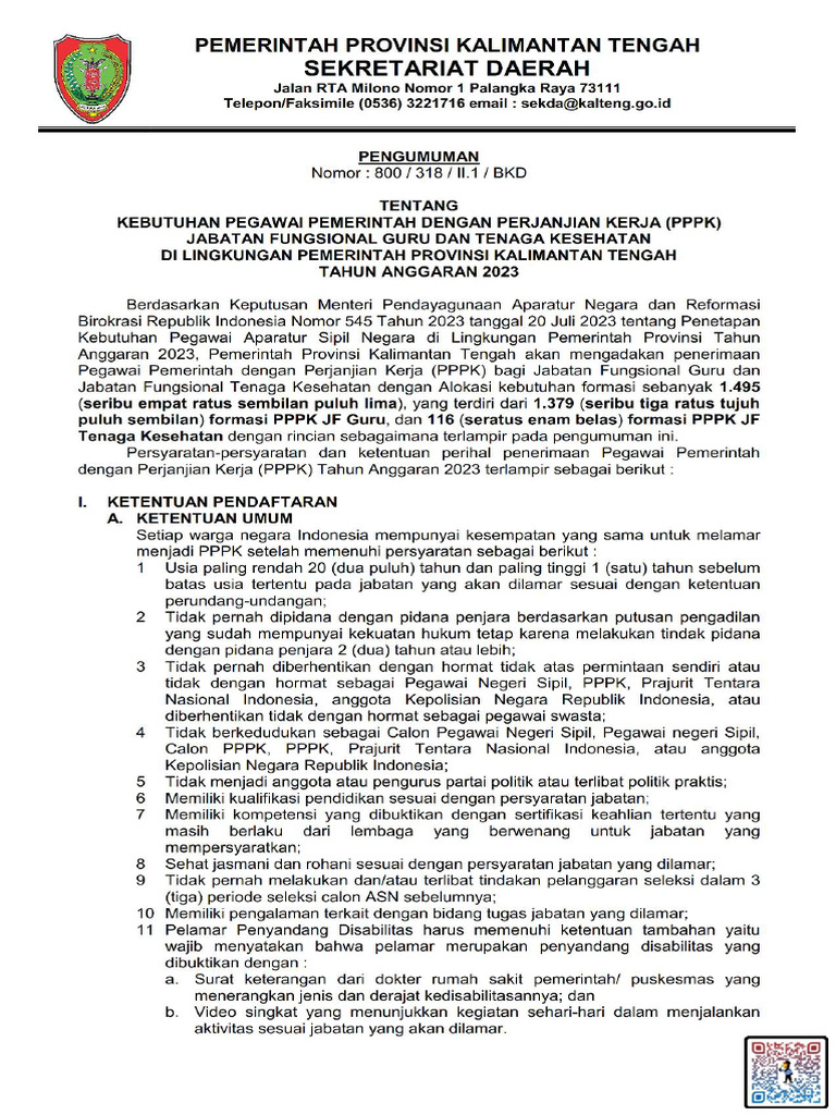 Pengumuman Penerimaan PPPK Pemprov Kalteng Tahun 2023 - Rilis | PDF