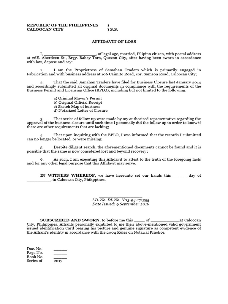 Affidavit of Loss PDF