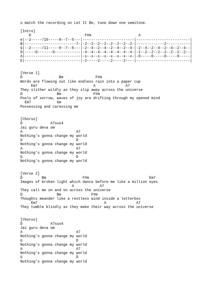 Vocal music PDF image for Across the Universe showing a page of lyrics and musical notation