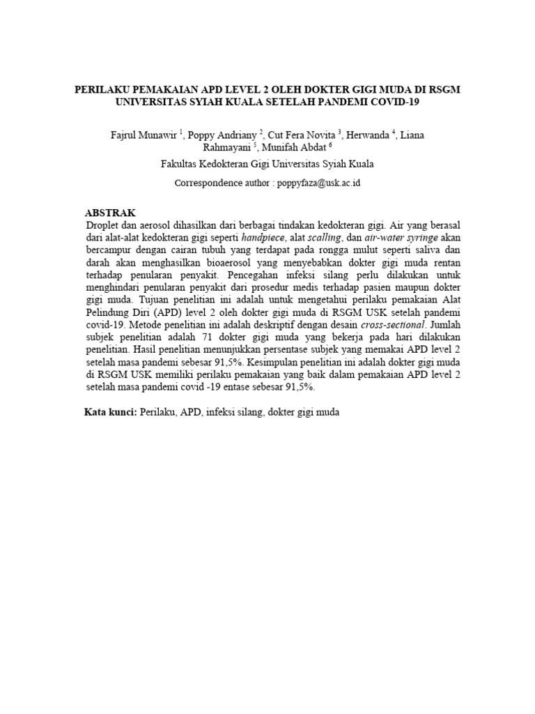 Pemakaian APD Level 2 Dokter Gigi Muda USK | PDF
