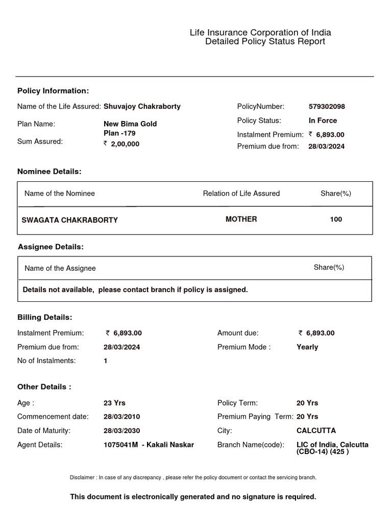 LIC New Bima Gold Policy Status Report | PDF