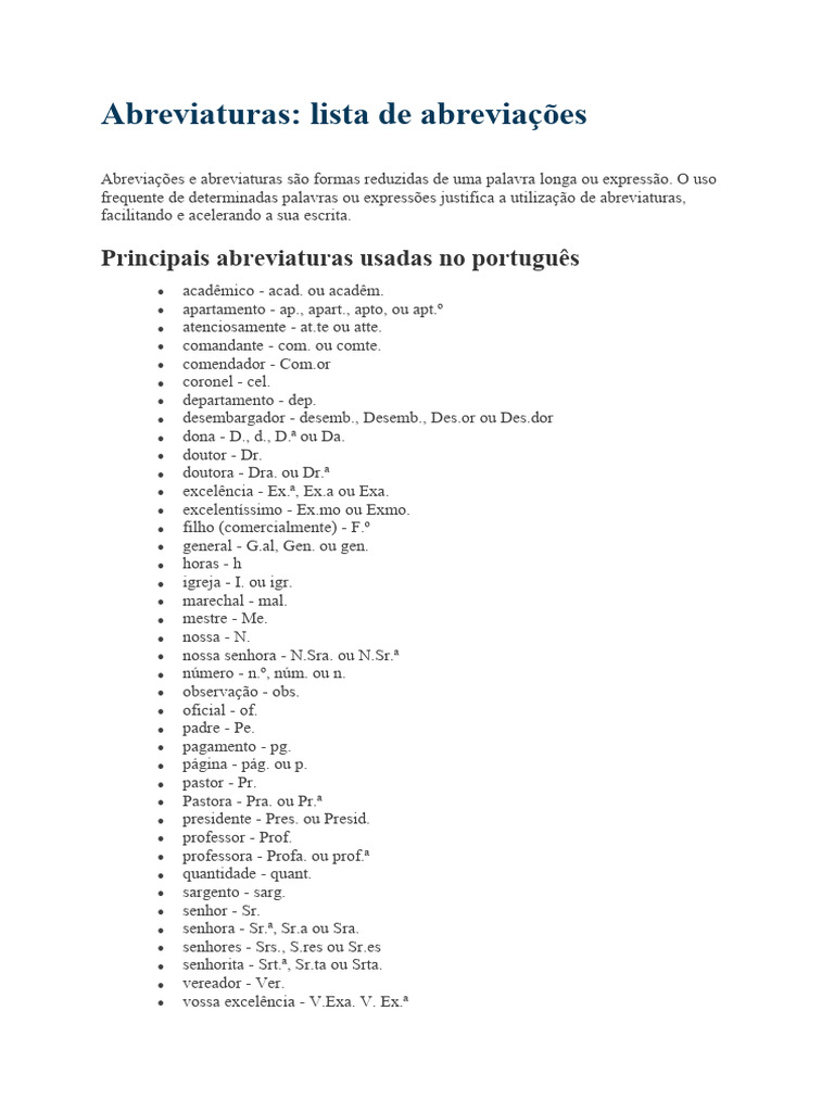 Abreviaturas (Lista de Abreviações) | PDF