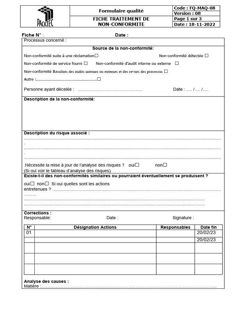 Fiche de traitement de non-conformité | PDF | Audit