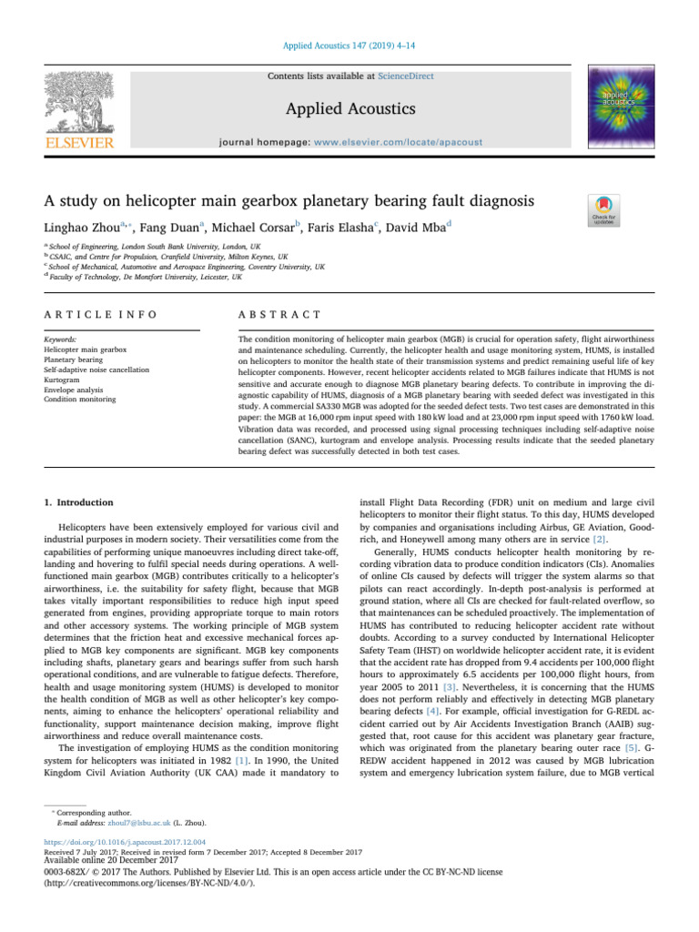Helicopter main gearbox planetary bearing fault diagnosis pdf