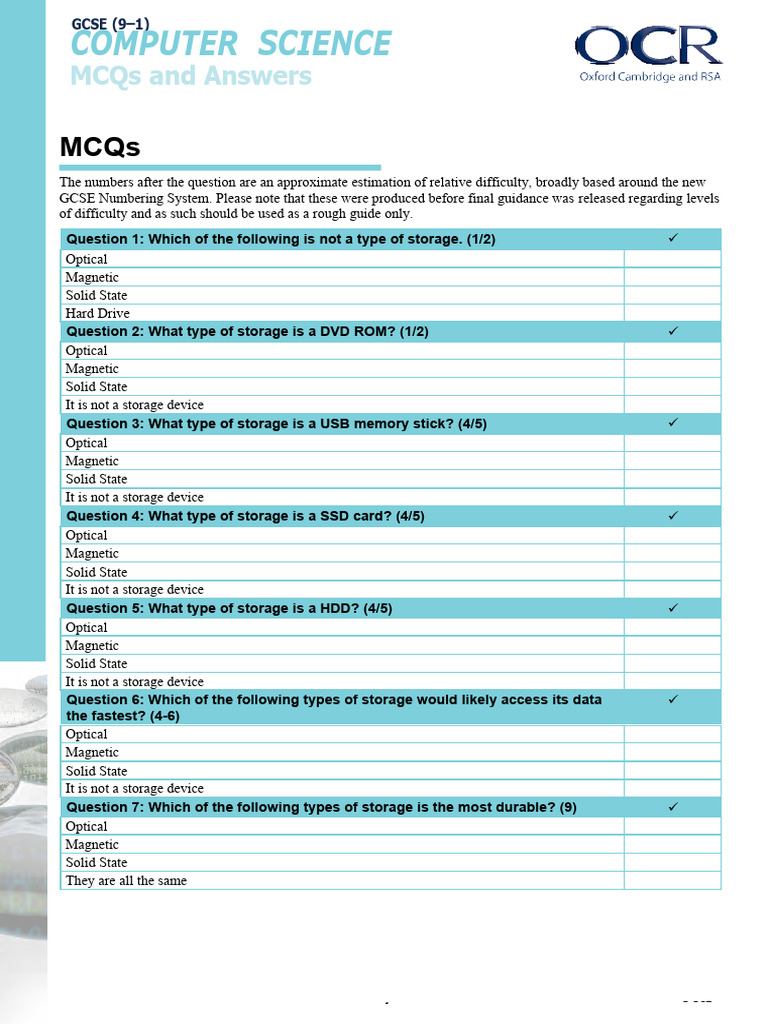 5 Storage Mcqs Answers PDF Solid State Drive Computer Data Storage