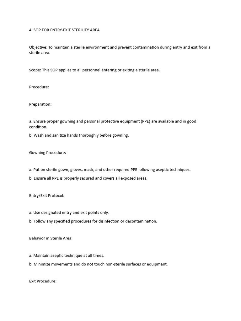 SOP for Sterile Area Entry-Exit Procedures | PDF | Business ...