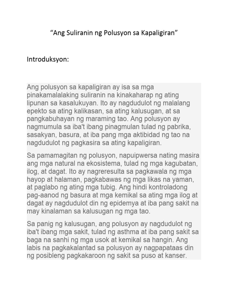 Ang Suliranin NG Polusyon Sa Kapaligiran | PDF