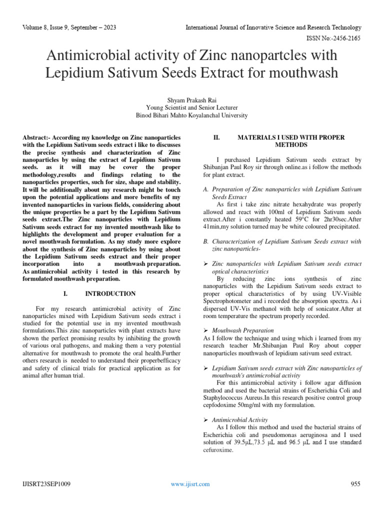 Antimicrobial Activity of Zinc Nanopartcles With Lepidium Sativum Seeds Extract For Mouthwash