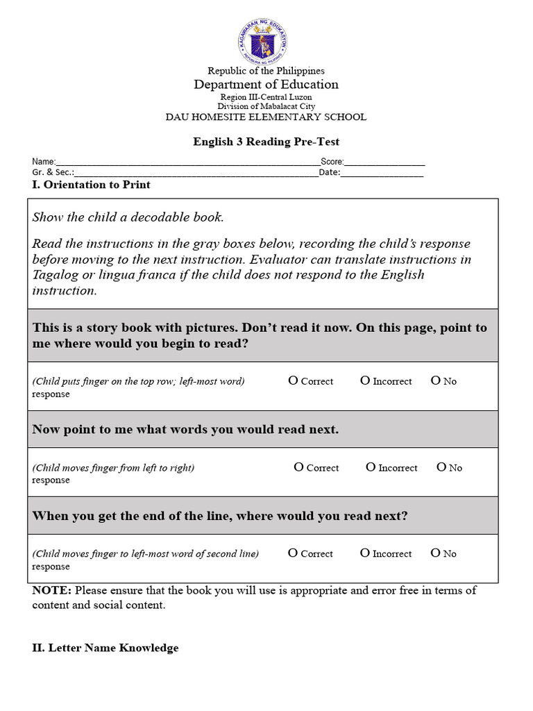 Grade 3 English Reading Pre-Test | PDF | Learning | Human Communication