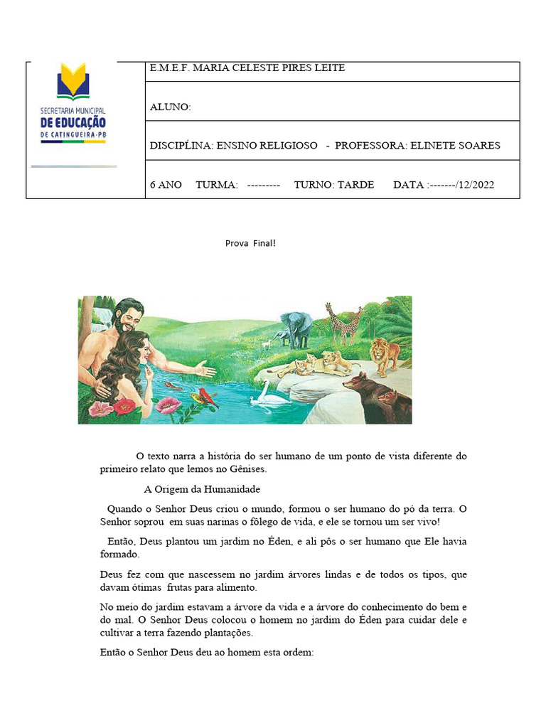 Prova de Ensino Religioso 6 Ano | PDF