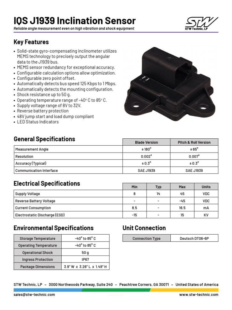 IQS J1939 Inclination Sensor - Data Sheet | PDF