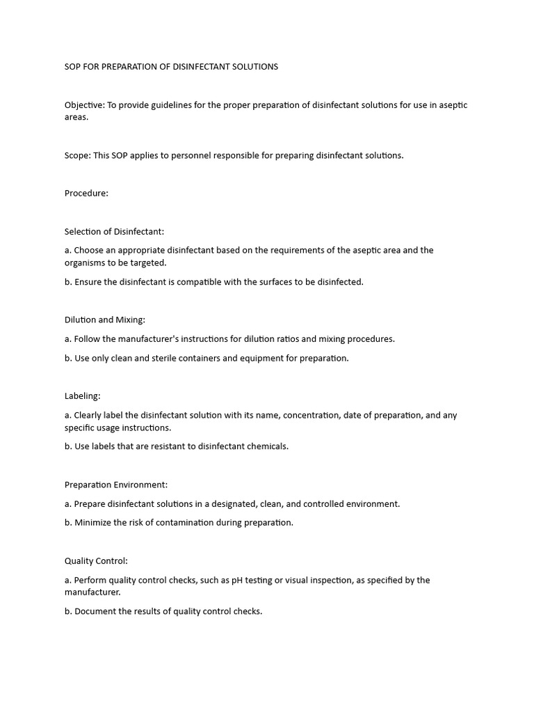 Sop For Preparation of Disinfactant Solutions PDF