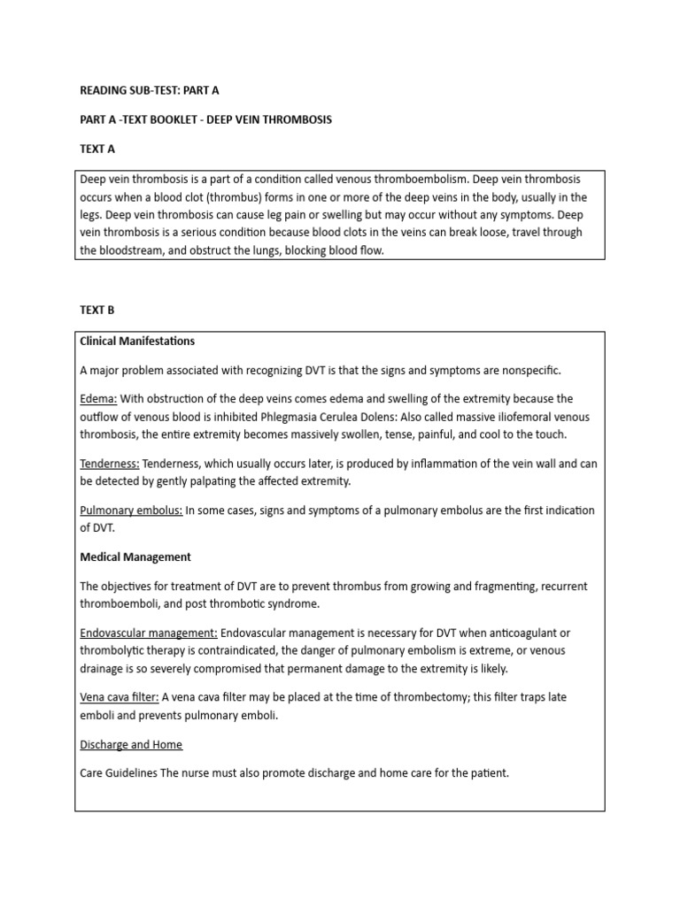 Oet Reading - DVT | PDF | Thrombosis | Yellow Fever