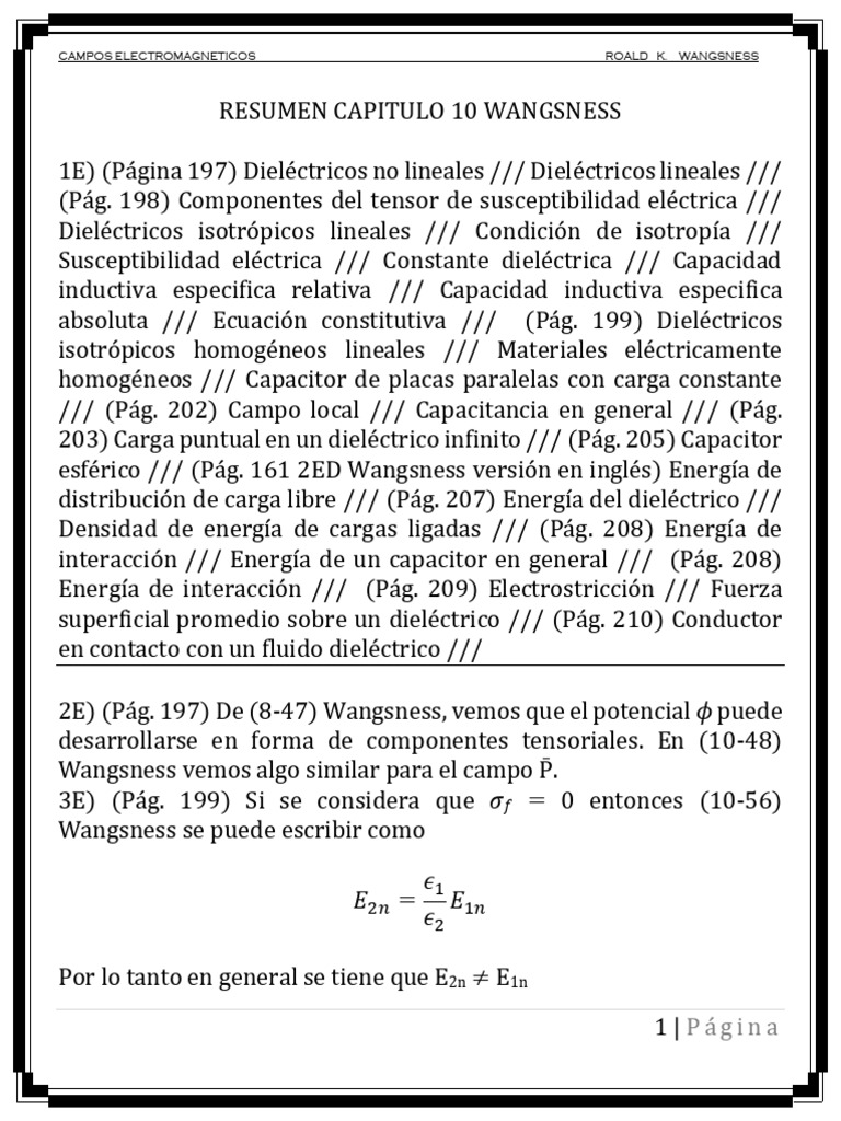 Resumen Capitulo 10 Wangsness Dos | PDF | Dieléctrico | Condensador