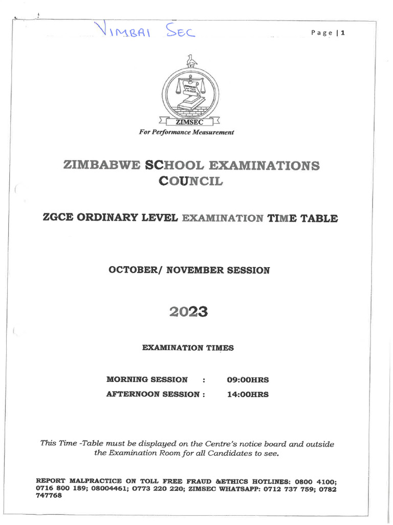 ZIMSEC 2023 O'Level Timetable | PDF