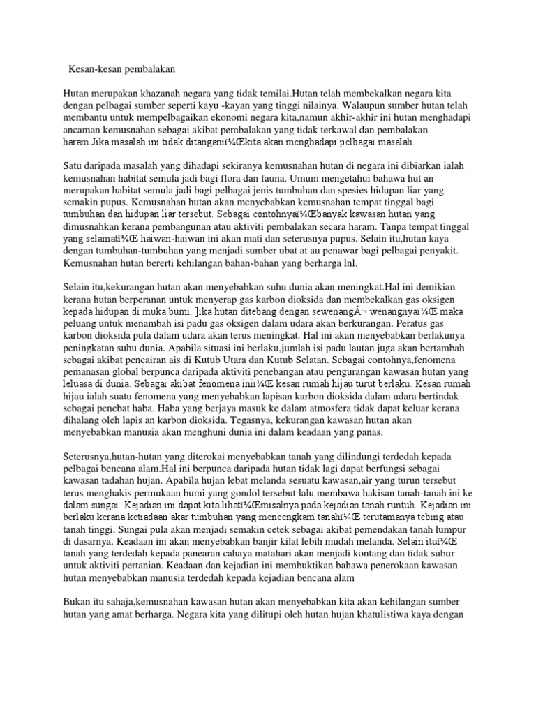 Contoh Karangan Tentang Kesan Pembalakan Kepada Negara