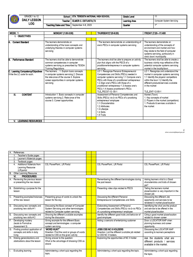 Grade 11 Computer Servicing Lesson Plan | PDF | Business