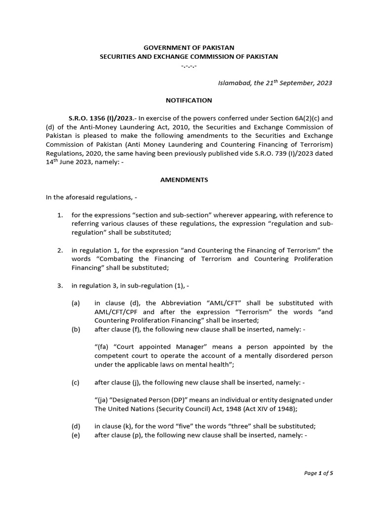 Amendments to SECP AML CFT Regulations 2020. Dated 21th September 2023 ...