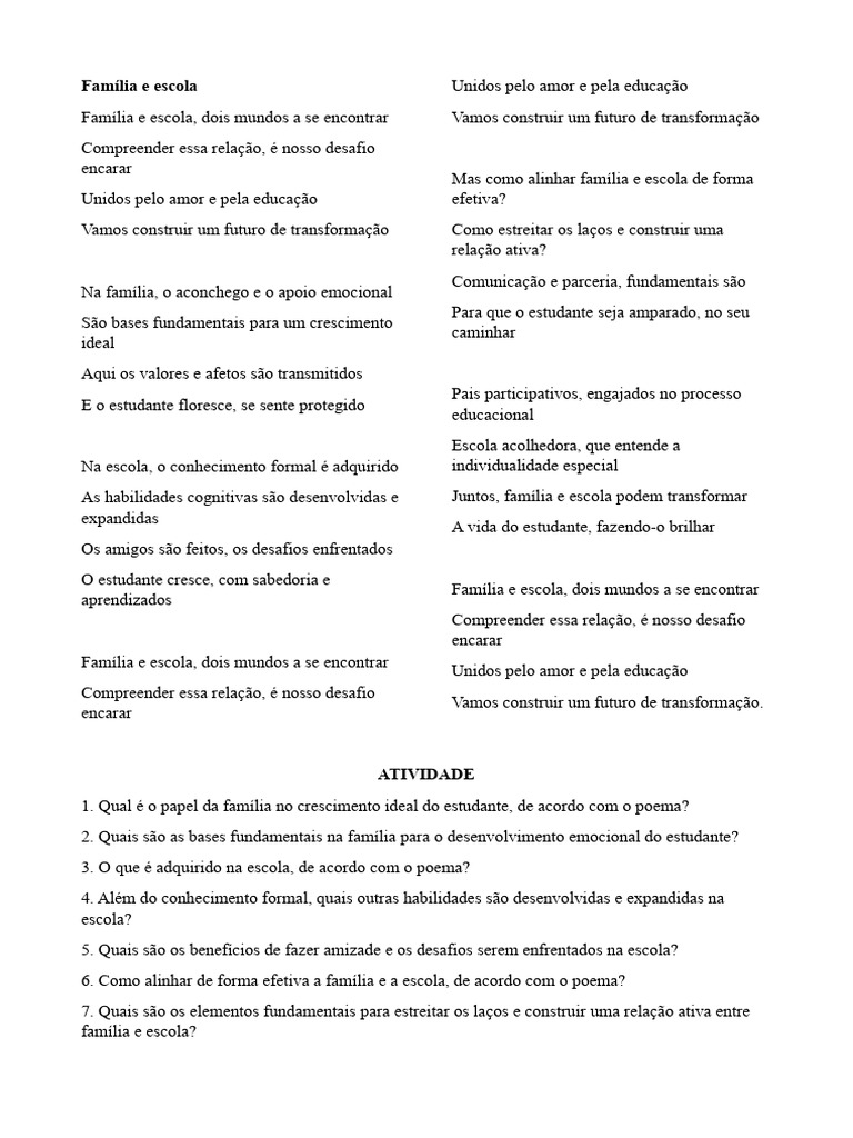 Família e Escola Poema | PDF