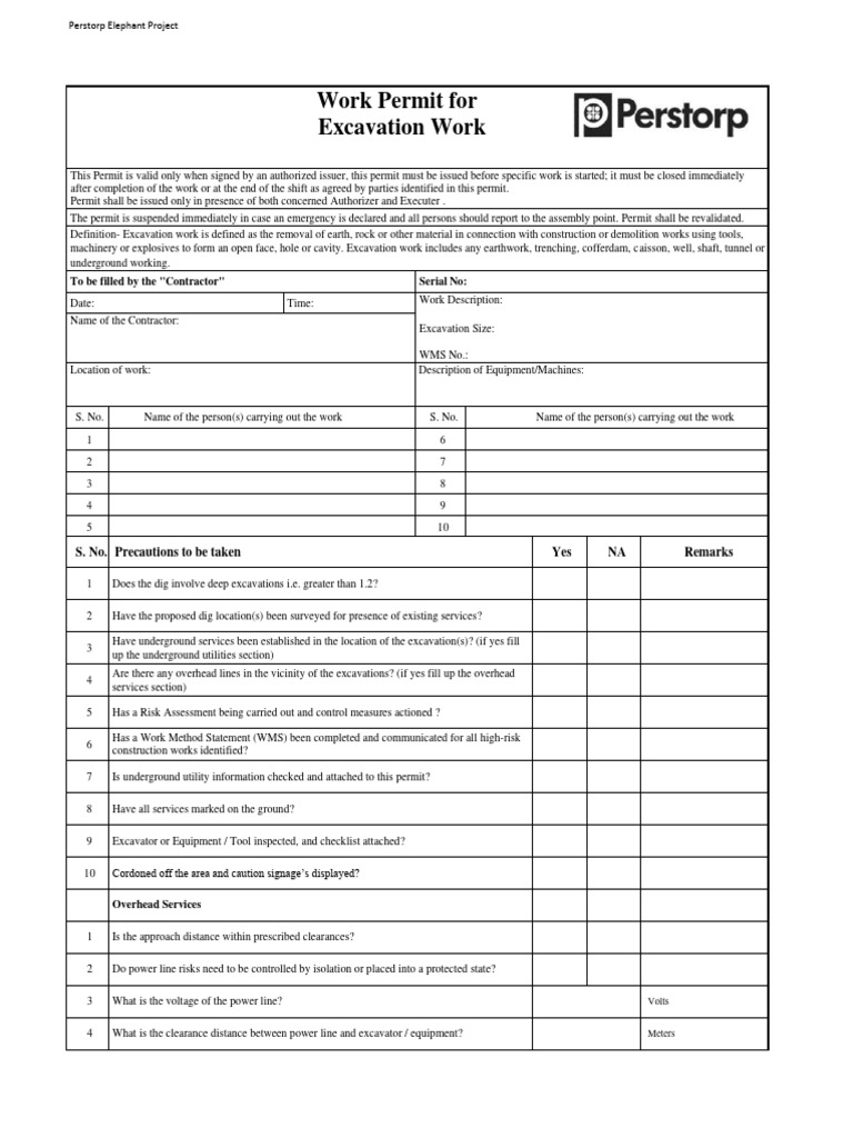 New Work Permit For Excavation Work | PDF