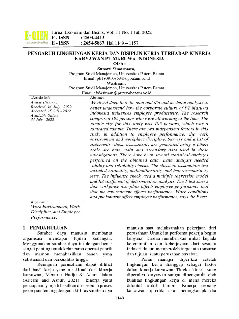 Jurnal Lingkungan Kerja 1 Pdf Metodologi Statistik Multivariat