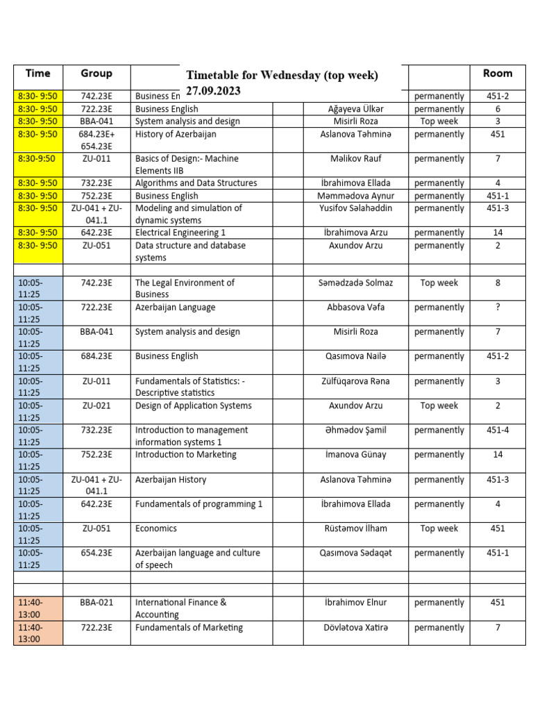 Timetable For Wednesday Top Week (Fall 2023) | PDF | Systems Theory ...