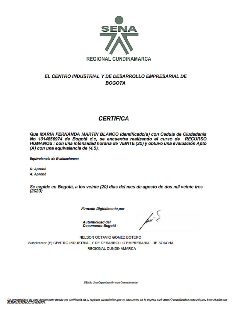 Certificado de Estudio SENA PDF
