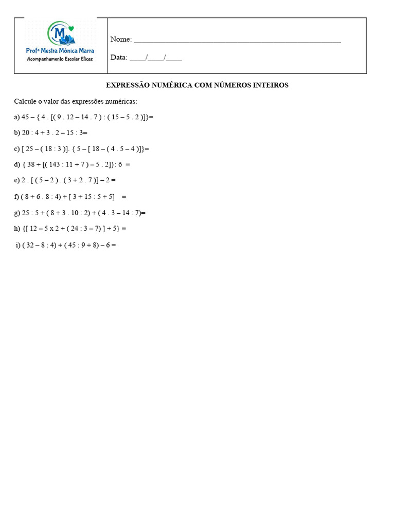 Expressões Numéricas e Potenciação 7º Ano | PDF | Raiz quadrada ...